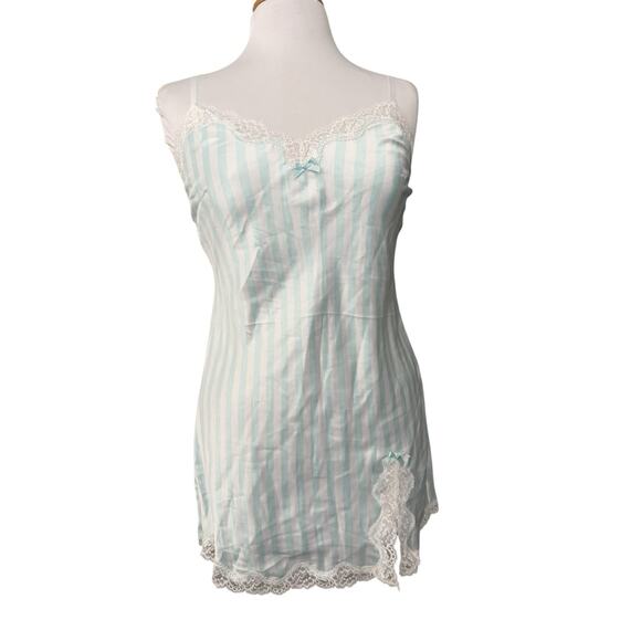 Victorias Secret Mini Slip Dress Chemise Lingerie Blue Stripe Satin Lace Small - Picture 1 of 9